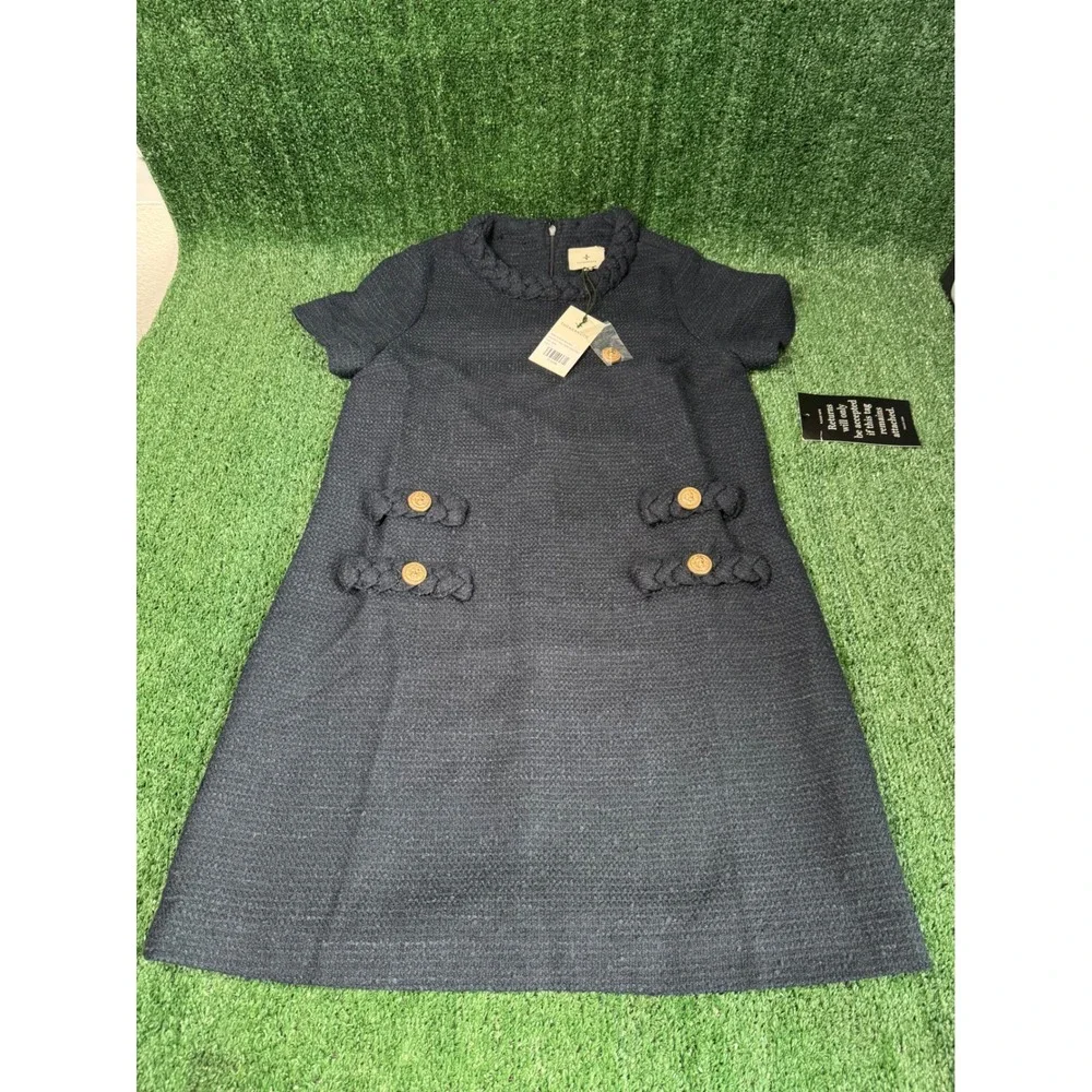 Tuckernuck Navy Blue Tweed Jackie Dress Short Sleeve Gold Button Pockets Size S - Picture 1 of 4